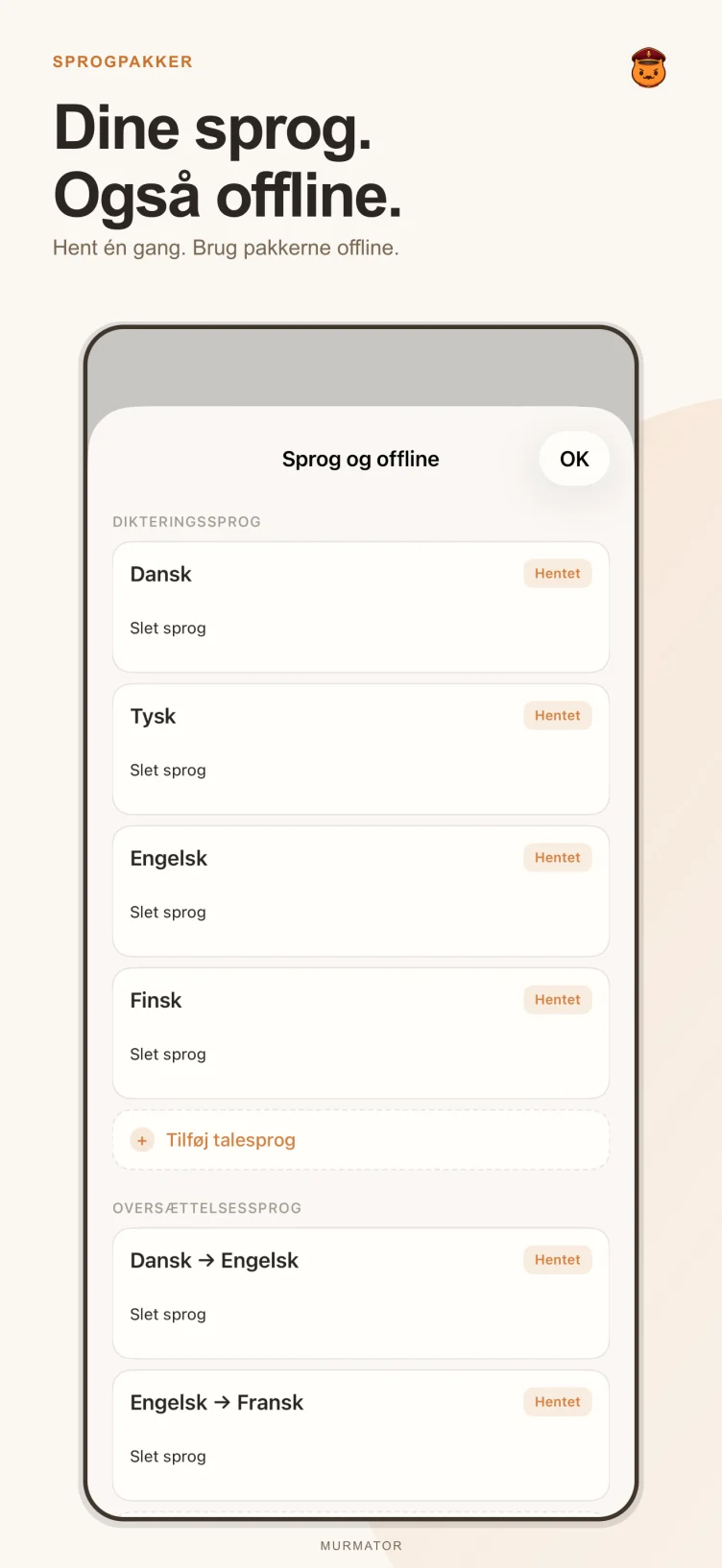 Sprogpakkeskærmen i Murmator