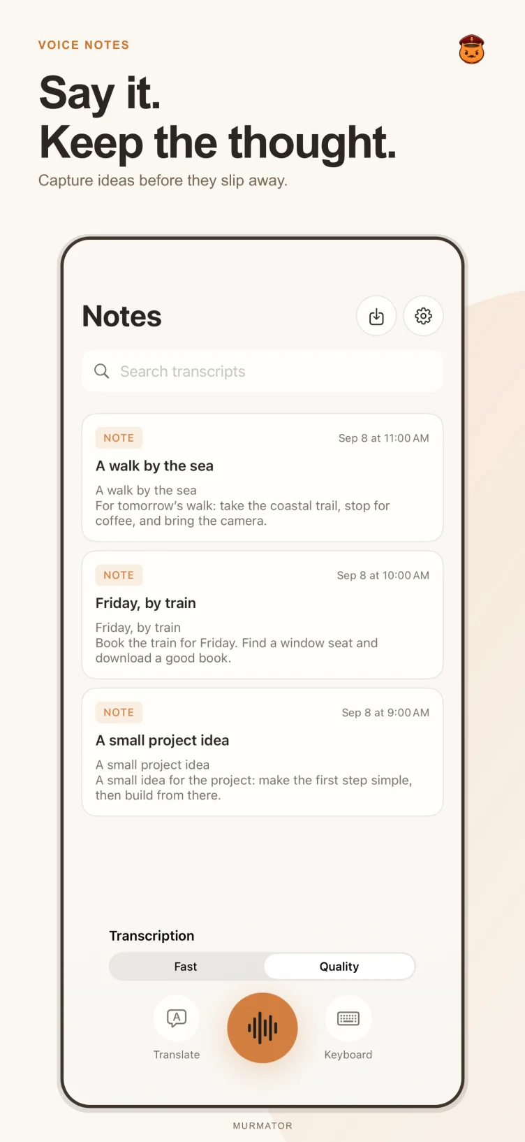 Murmator notes screen