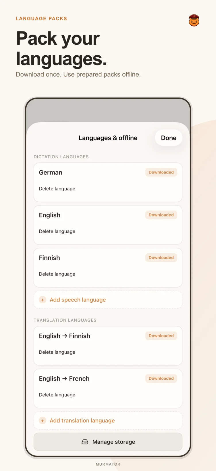 Murmator language packs screen