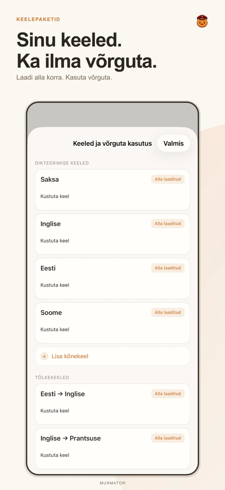 Murmatori keelepakettide ekraan