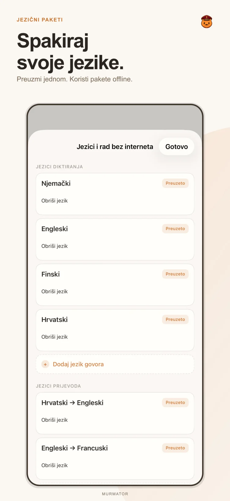 Zaslon jezičnih paketa u Murmatoru