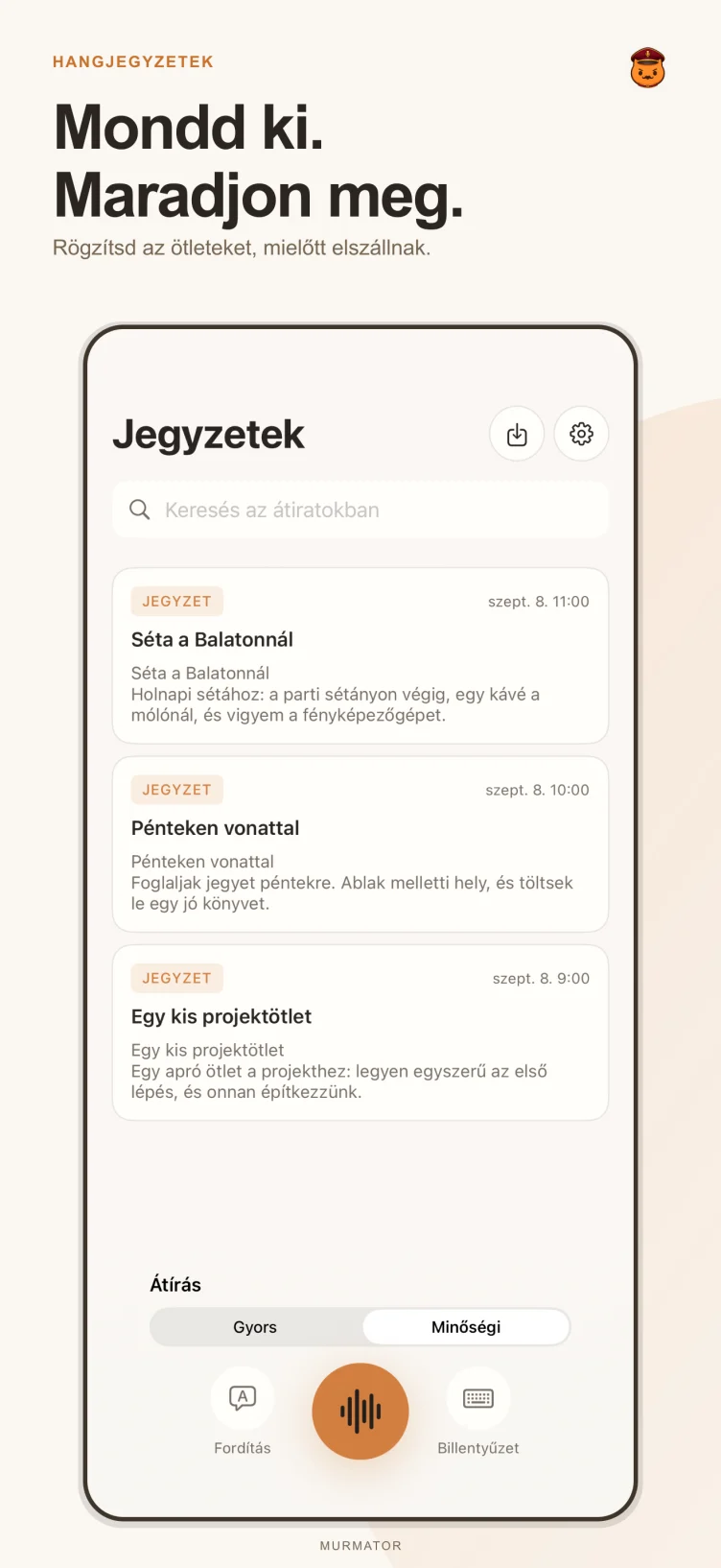 A Murmator jegyzeteinek képernyője