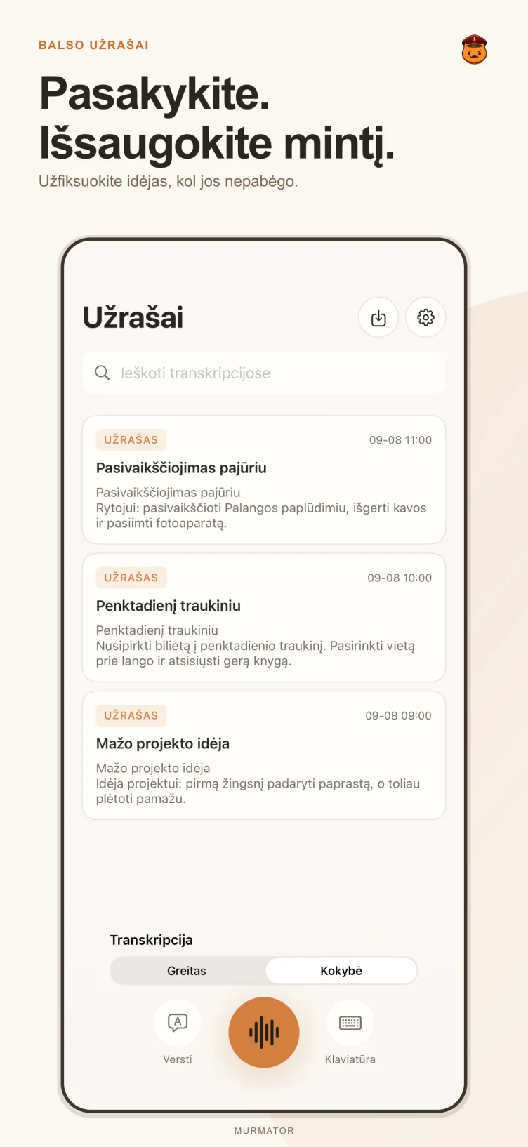 Murmator užrašų ekranas
