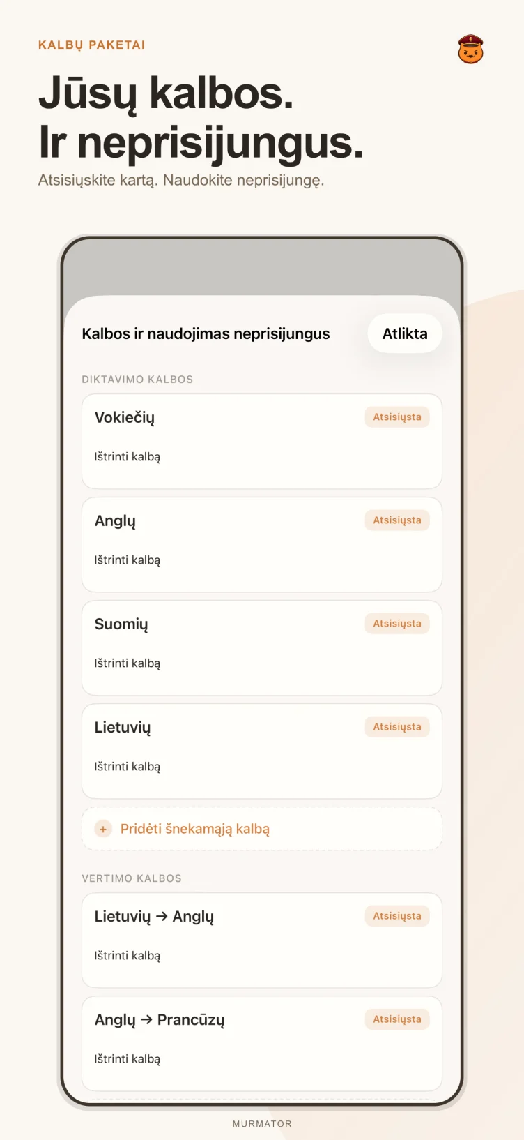 Murmator kalbų paketų ekranas