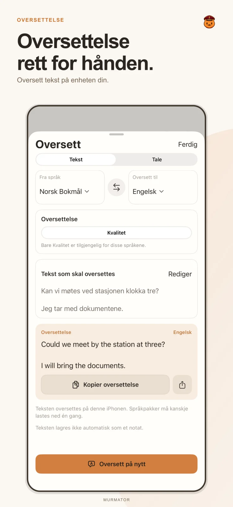 Oversettelsesskjermen i Murmator