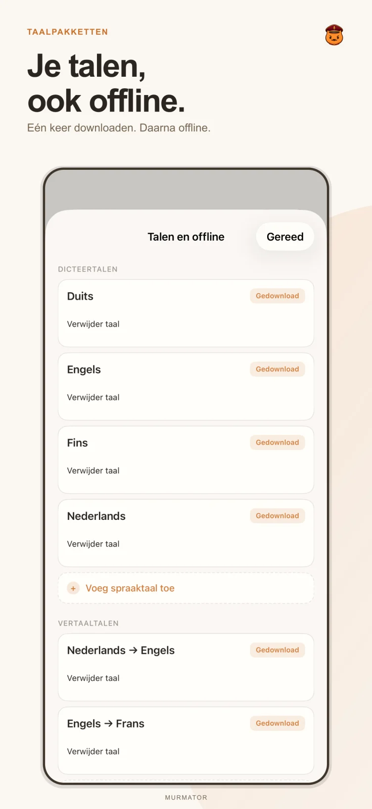 Taalpakkettenscherm van Murmator