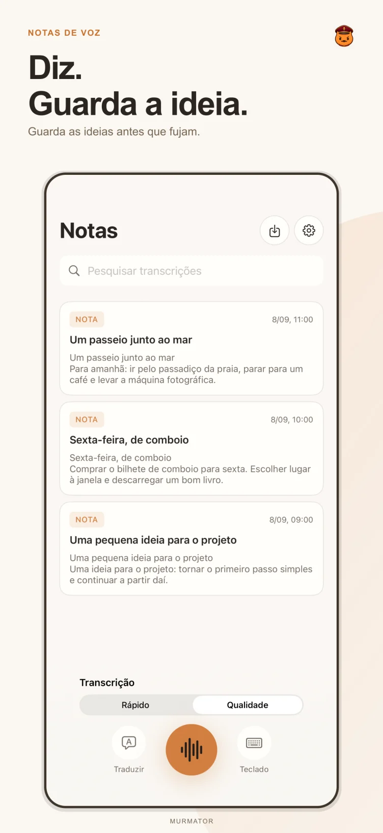 Ecrã de notas do Murmator