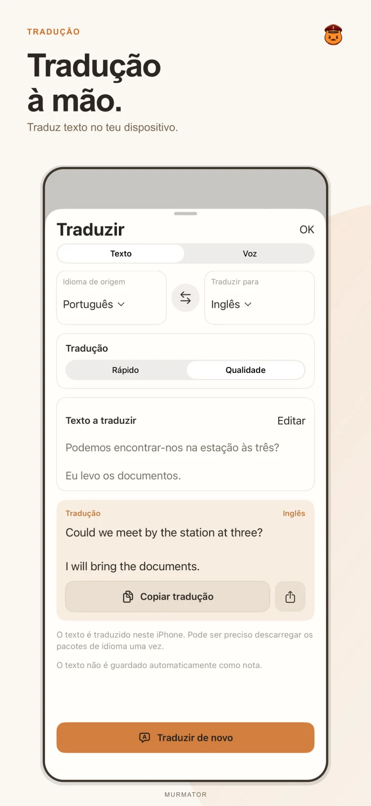 Ecrã de tradução do Murmator
