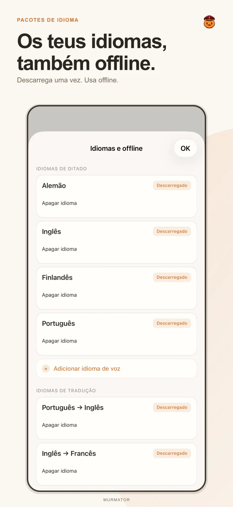 Ecrã de pacotes de idioma do Murmator