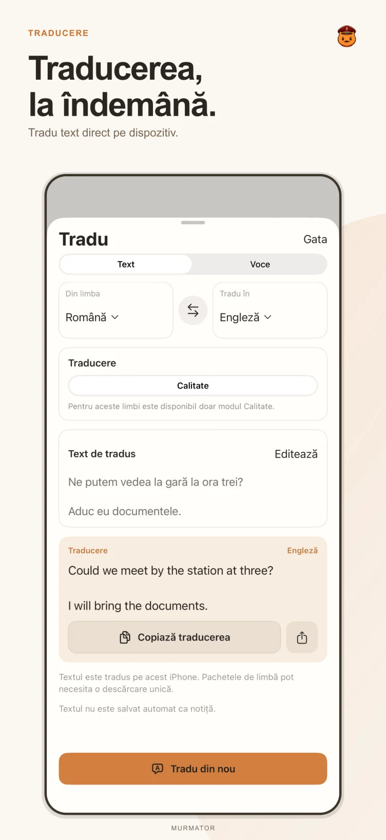 Ecranul de traducere din Murmator
