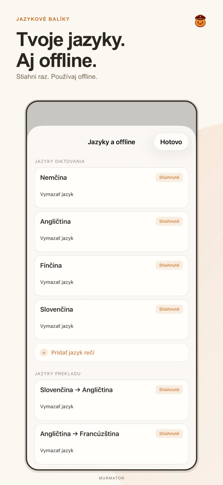 Obrazovka jazykových balíkov v Murmatore