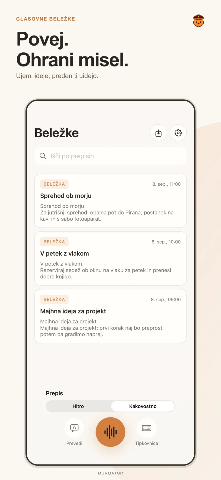 Zaslon z beležkami v Murmatorju