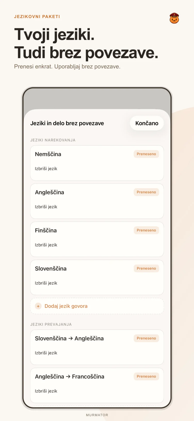 Zaslon z jezikovnimi paketi v Murmatorju