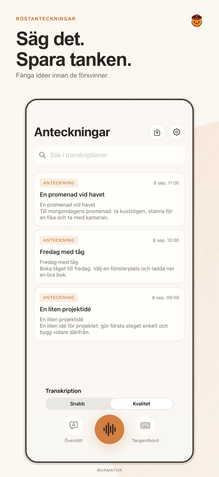 Anteckningsskärmen i Murmator