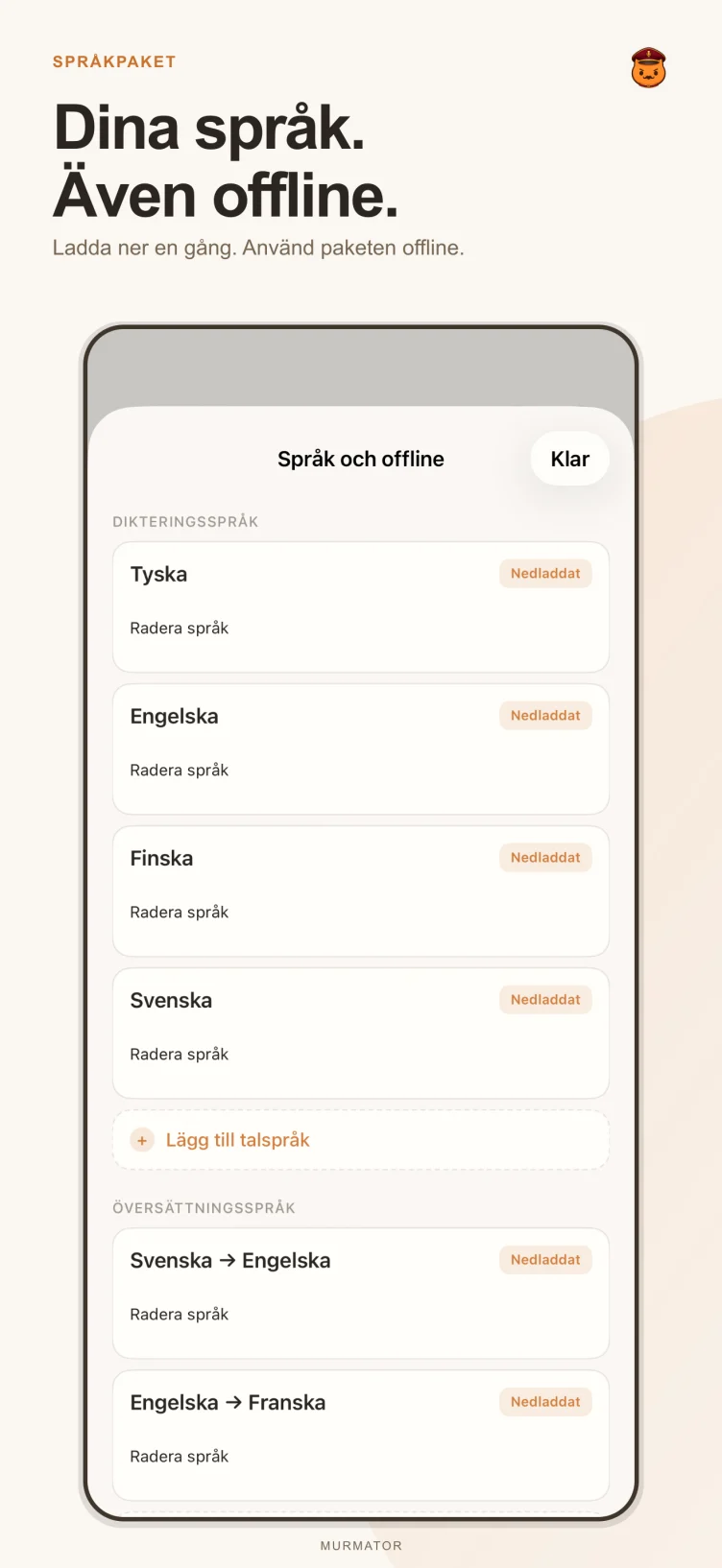 Skärmen för språkpaket i Murmator